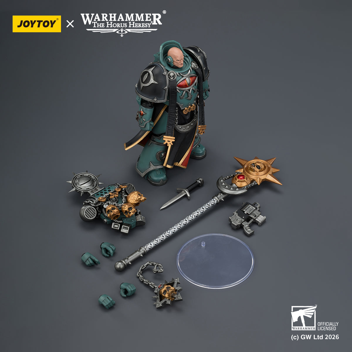 1/18 scale Sons of Horus Dark Emissary by JoyToy - Back view showing cloak and power pack details.