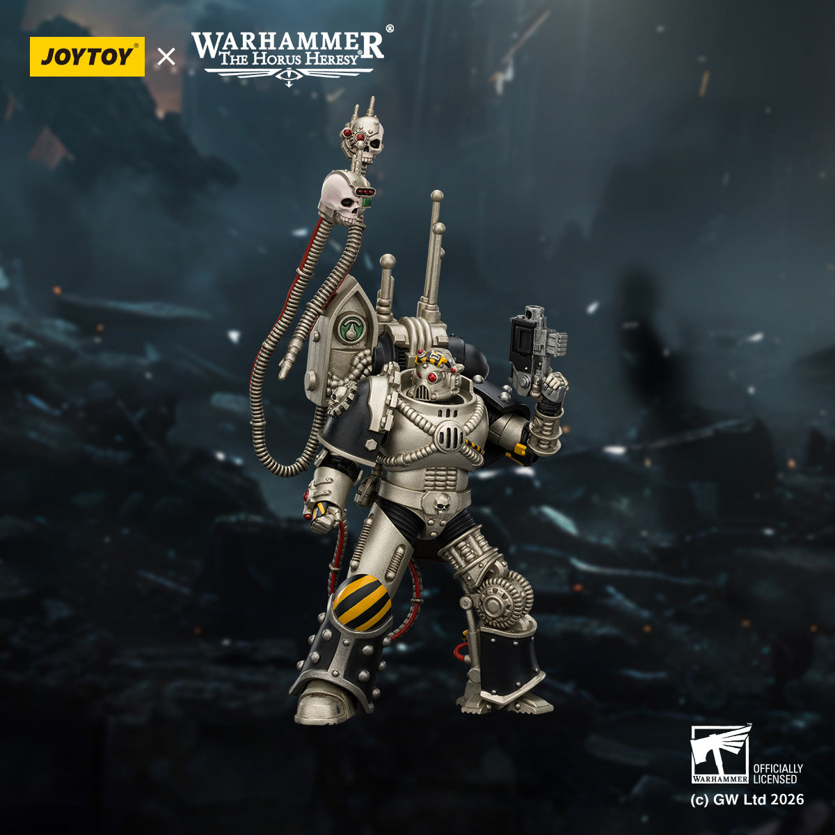 Iron Warriors Praevian metallic power armor detail, professional weathering and industrial iron finish.