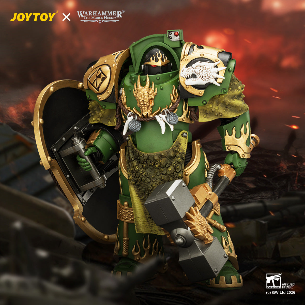 JOYTOY Warhammer The Horus Heresy -Salamanders Firedrake Terminator 1 with Thunder Hammer and Dragonscale Storm Shield