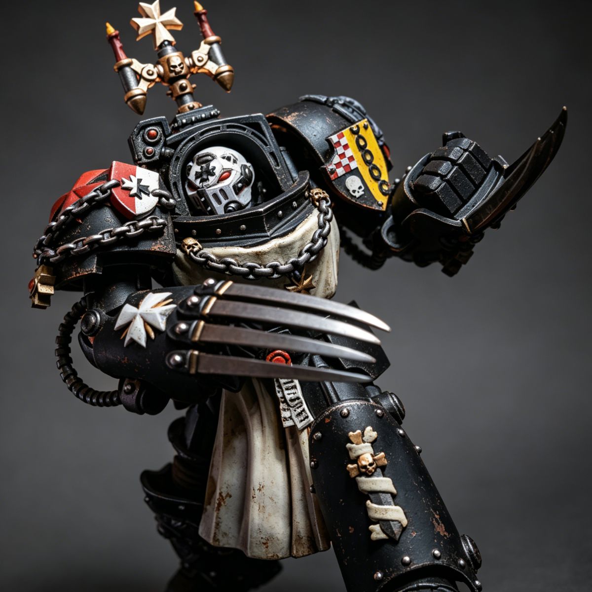 Close-up of power weapon effects on Black Templars Lightning Claws, custom weathered metal detail.