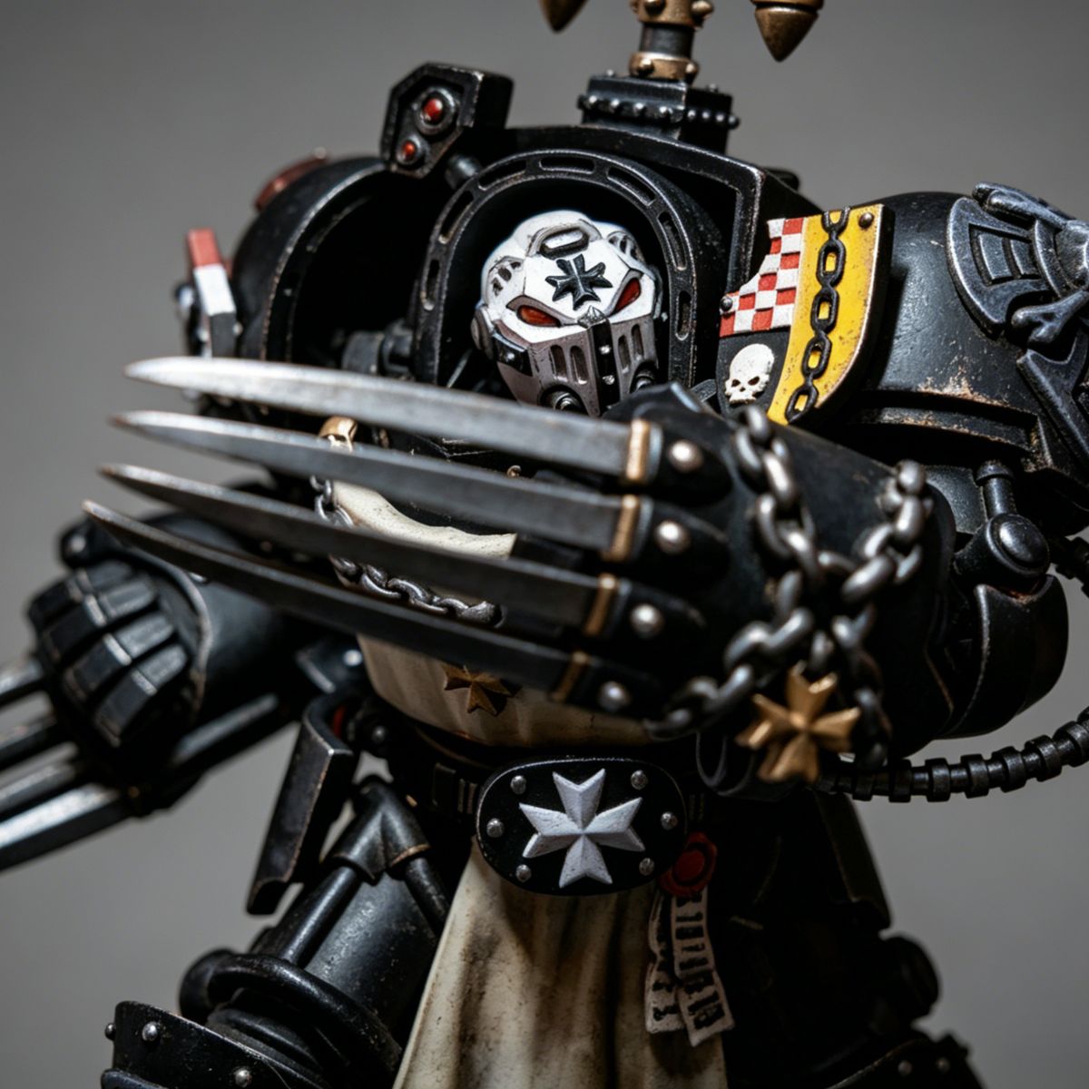 1/18 scale Black Templars Terminator by ThroneTerra - Dynamic pose showcasing unique armor modifications.