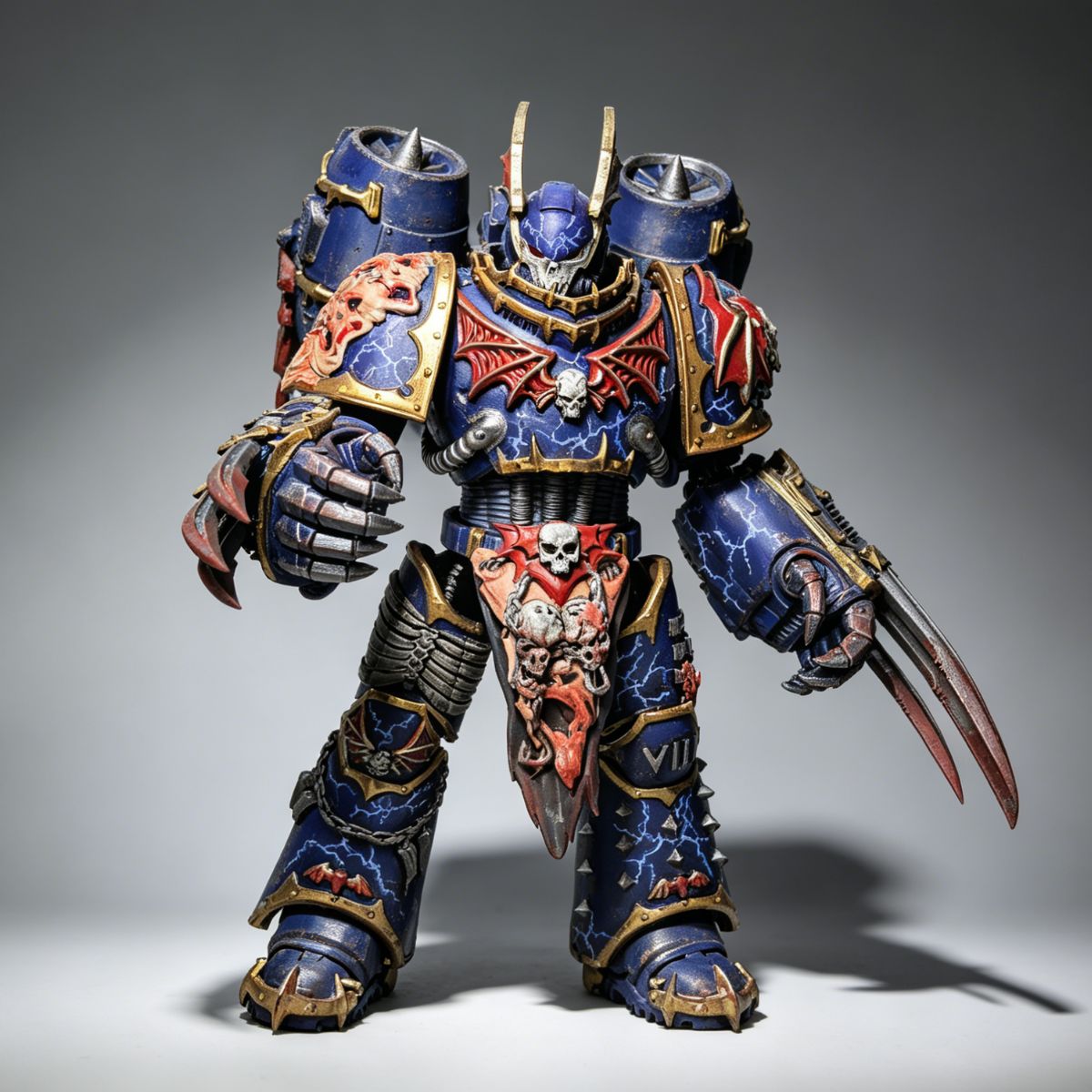 Close-up of Custom Painted Lightning Claws on Night Lords Chaos Terminator, realistic power weapon effects.