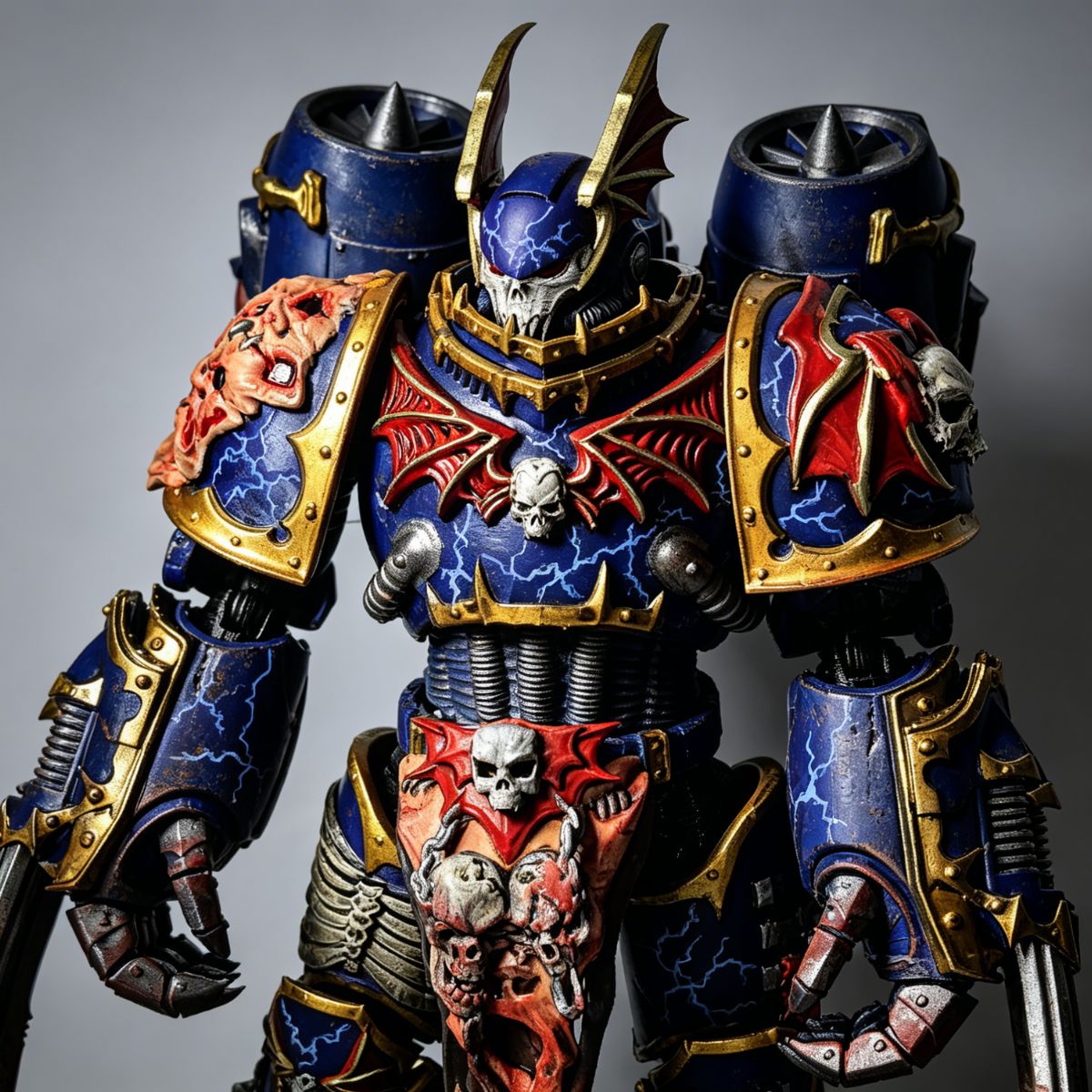 Detailed hand-painted lightning patterns on Night Lords power armor, lore-accurate VIII Legion terror squad.