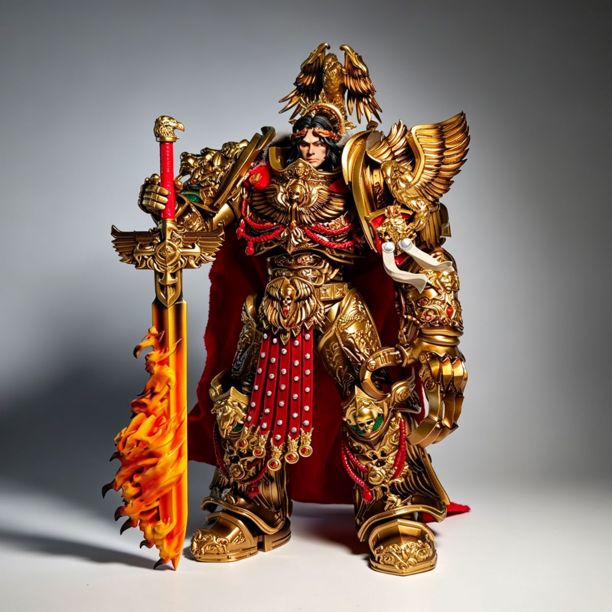 Intricate ornate golden armor details on the Primarch Father of the Gene-Seed, high-end **Warhammer** craftsmanship.