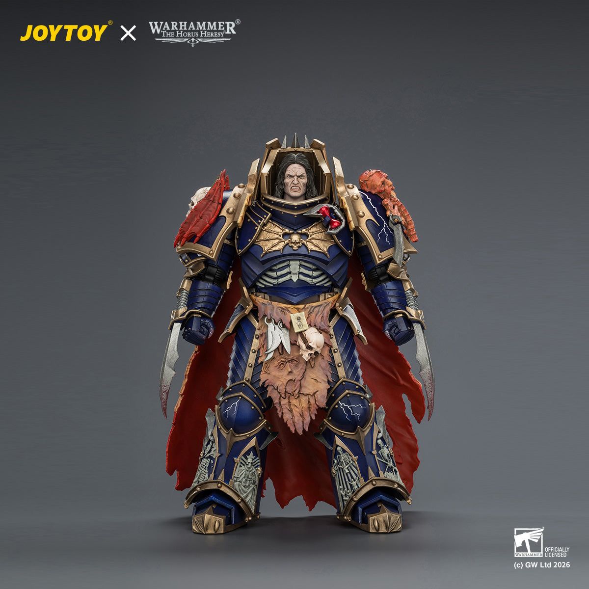Front full-body view of the JOYTOY Warhammer 40K Konrad Curze action figure, showcasing the Night Lords Primarch clad in detailed midnight blue and gold artificer armor with dual bloody lightning claws.