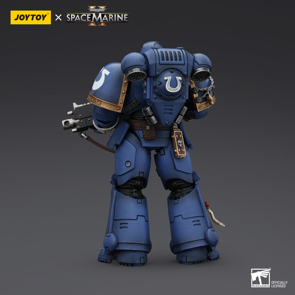 Back view of Ultramarines Soldier Chairon, highlighting backpack and rear armor detailing.