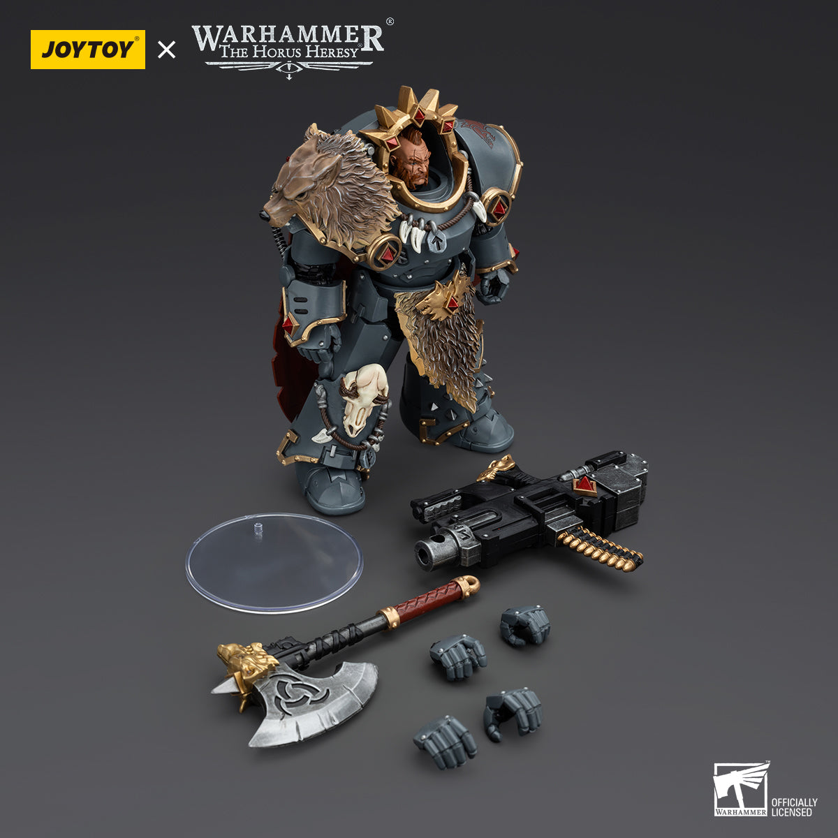 Package contents for Space Wolves Hvarl, the Red Blade, including the figure, blade, and additional armor accessories.