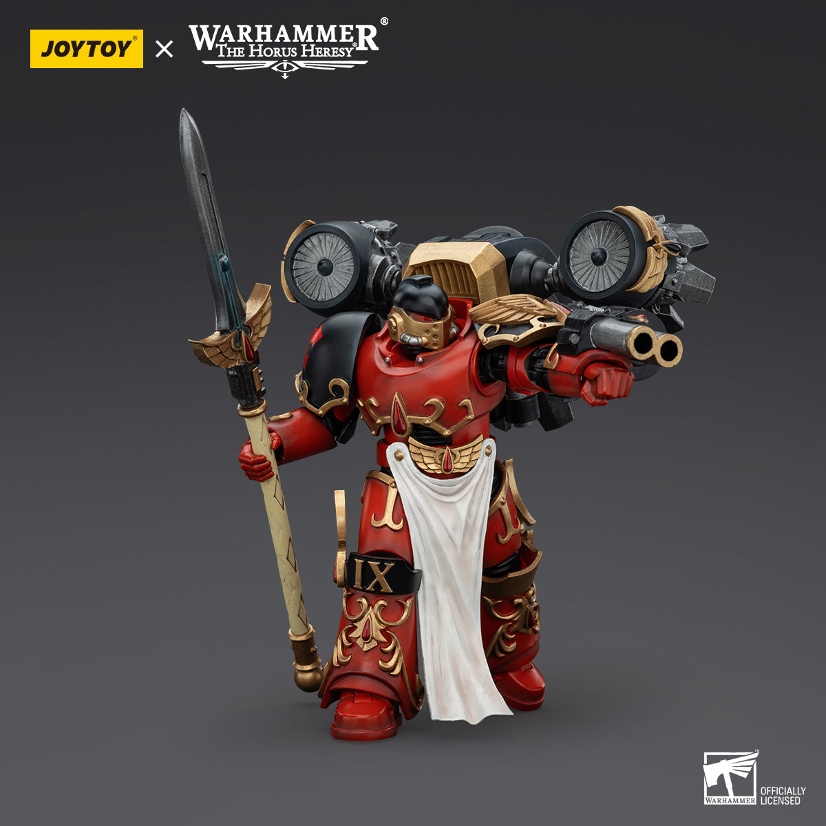 Blood Angels Dawnbreaker in combat stance, holding a weapon at the ready, fully armored and prepared for the next move in the thick of battle.