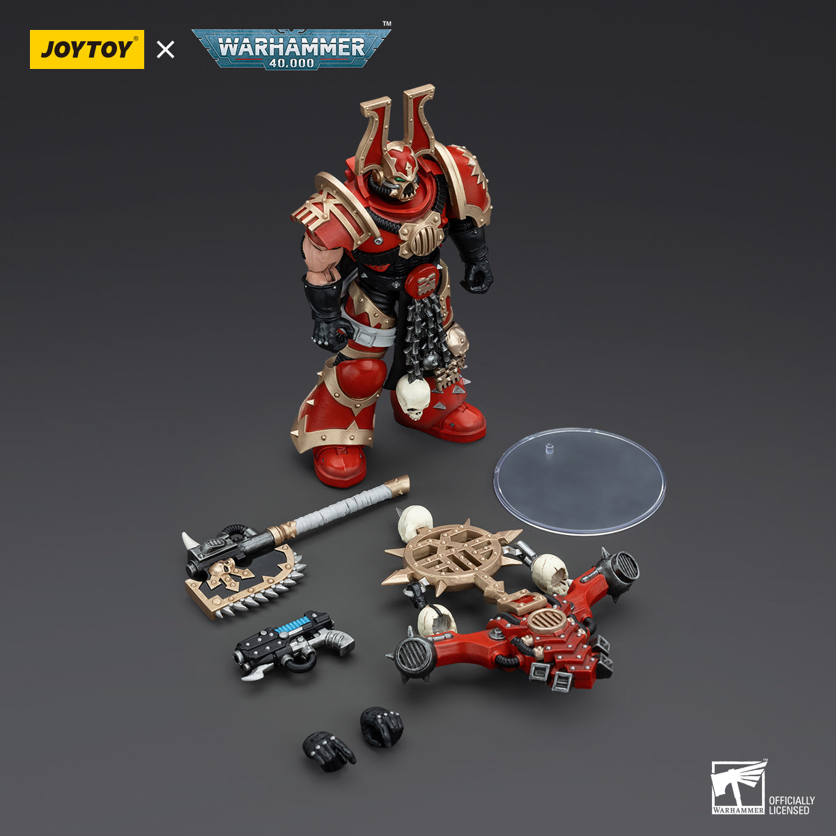 Package contents for World Eaters Khorne Berzerker, including the highly detailed Khorne Berzerker figure, equipped with chainaxe, bolt pistol, and optional parts for customizing the pose and loadout.
