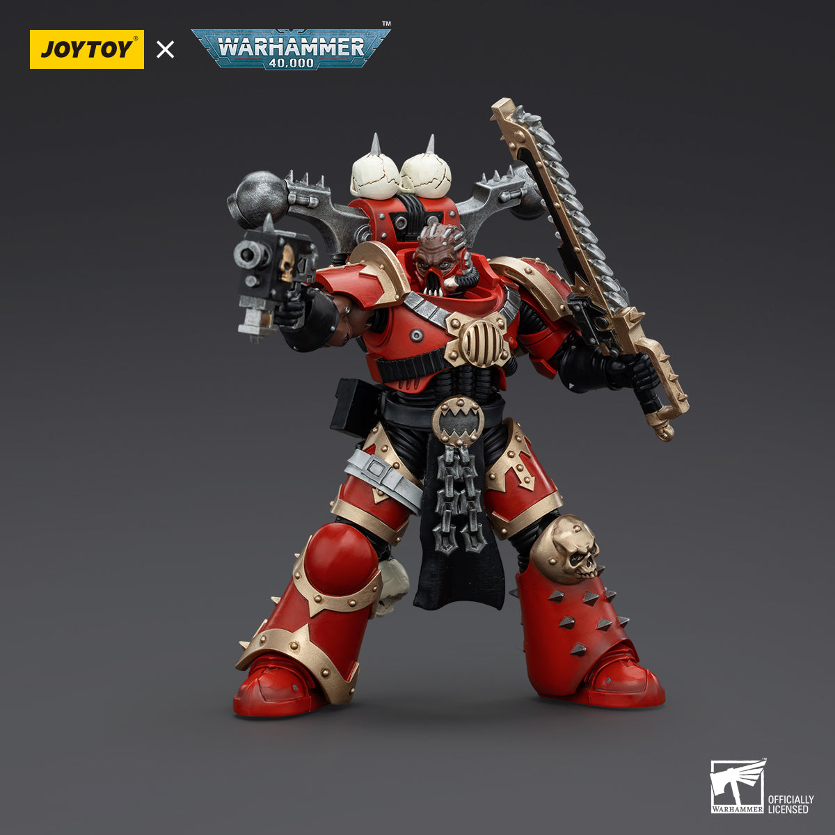 World Eaters Khorne Berzerker in combat pose, mid-charge with his chainaxe raised high and bolt pistol drawn.