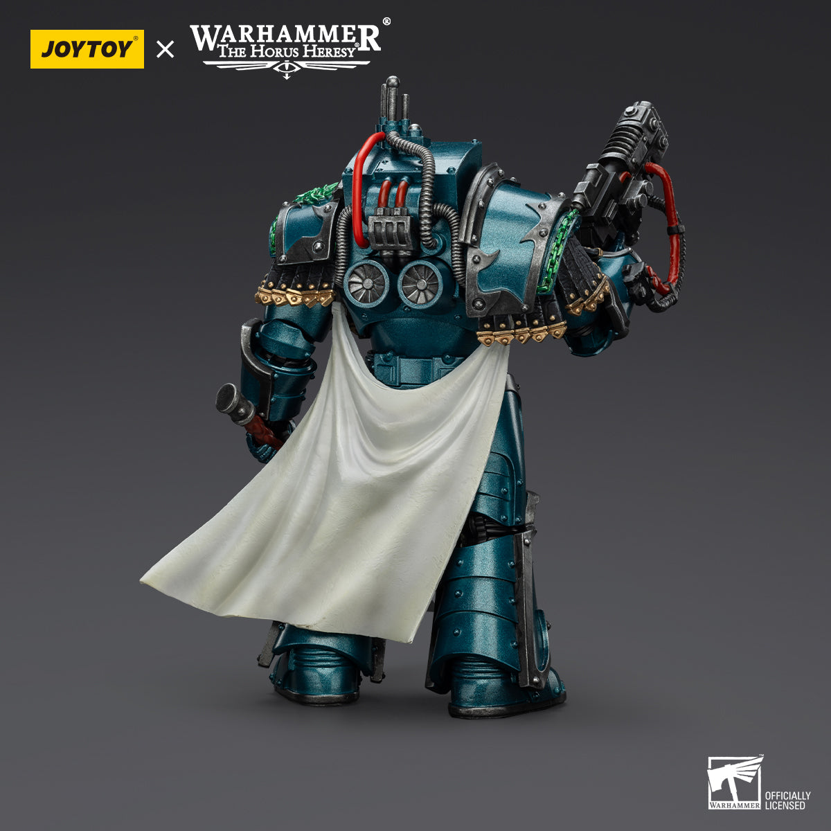 Back view of Cataphractii-armored Praetor showing power pack and intricate armor engravings.