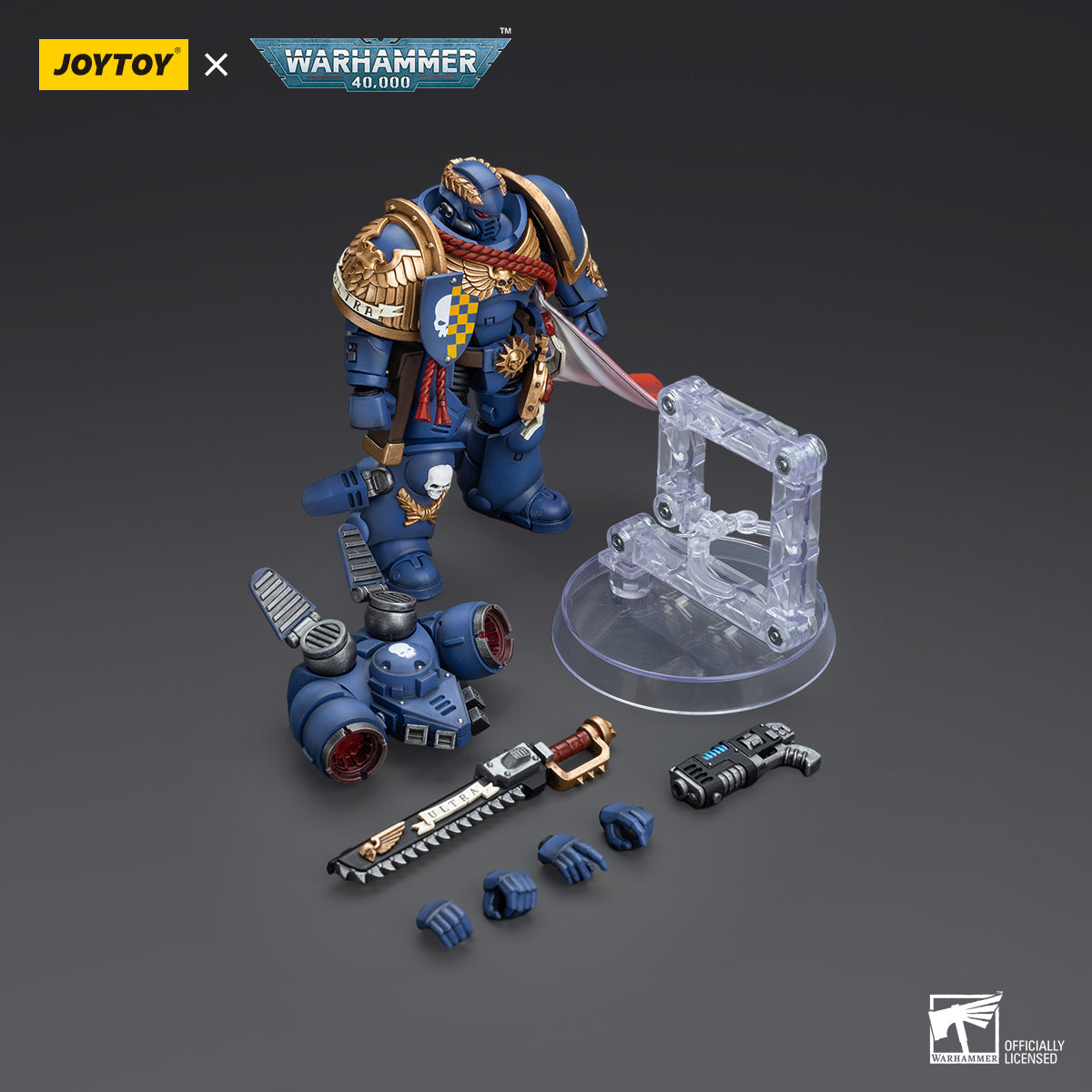 Contents of Ultramarines Captain with Jump Pack package, including the action figure, interchangeable hands, Jump Pack, and weapons(chainsword and pistol), all neatly packed for display or customization.
