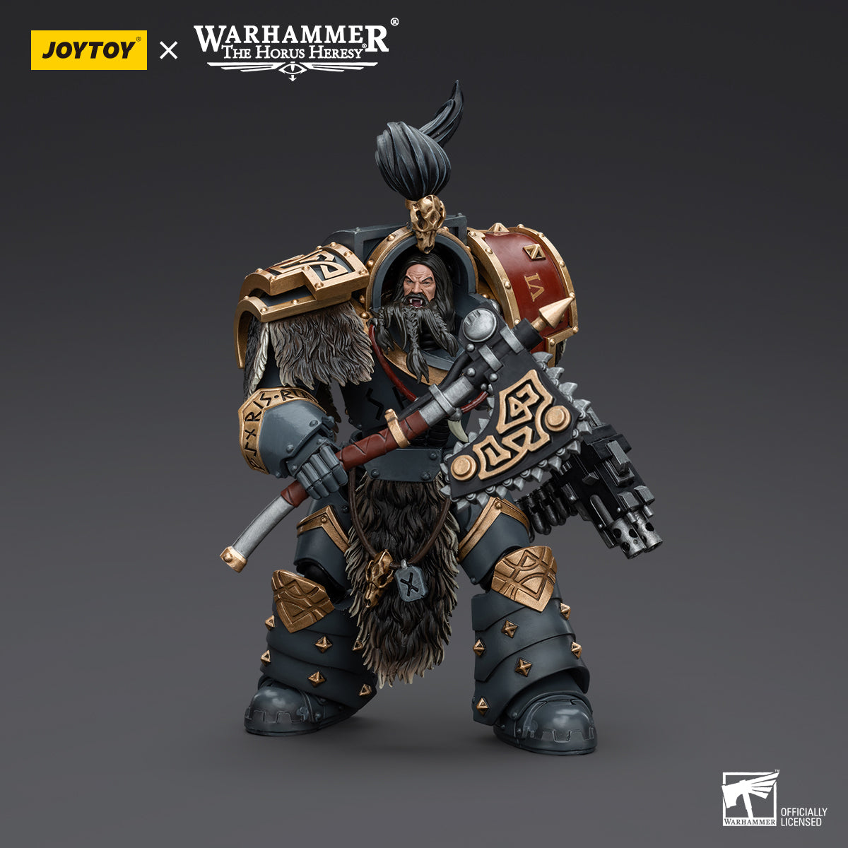 Space Wolves Grey Slayer in full armor, front view. Warrior with wolf-themed armor and weapons, ready for battle.