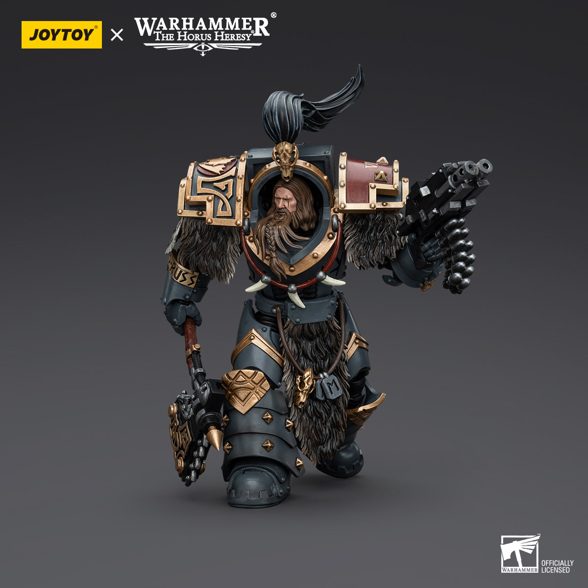 Space Wolves Grey Slayer in marching pose, carrying weapon and walking forward in full armor, leading the charge with confidence