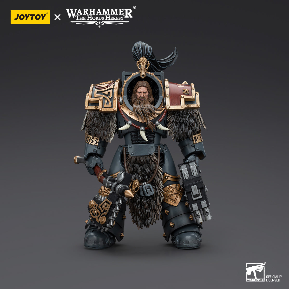 Space Wolves Grey Slayer in full armor, front view. Warrior with wolf-themed armor and weapons, ready for battle.
