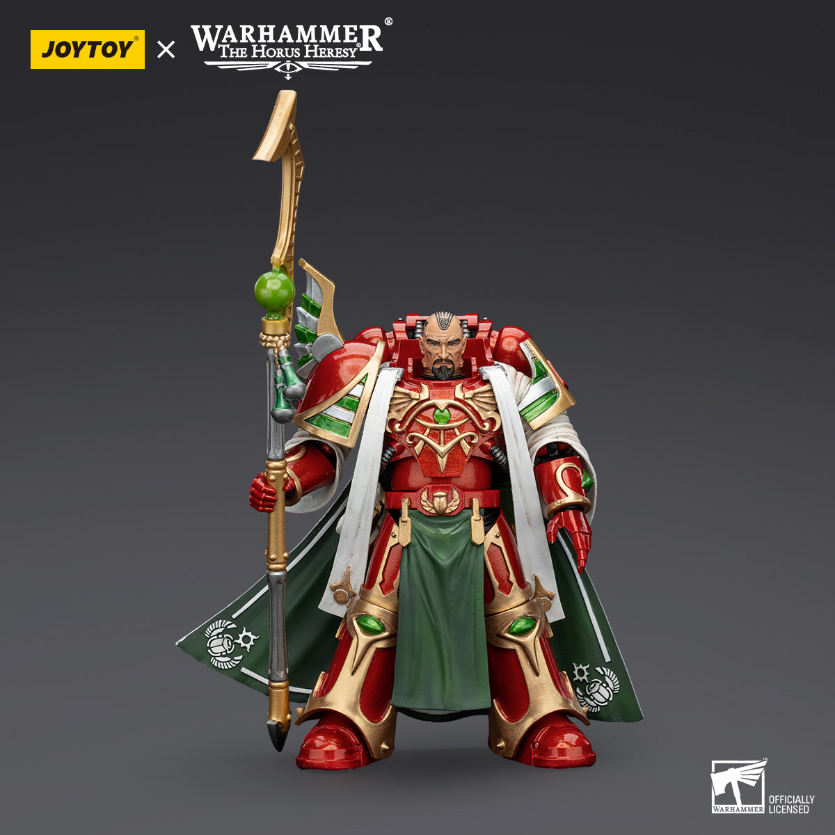 Magistus Amon of the Thousand Sons, front view. Standing with his staff raised, the intricate arcane symbols on his armor glow as he channels his powerful sorcery, commanding the forces of the Warp.