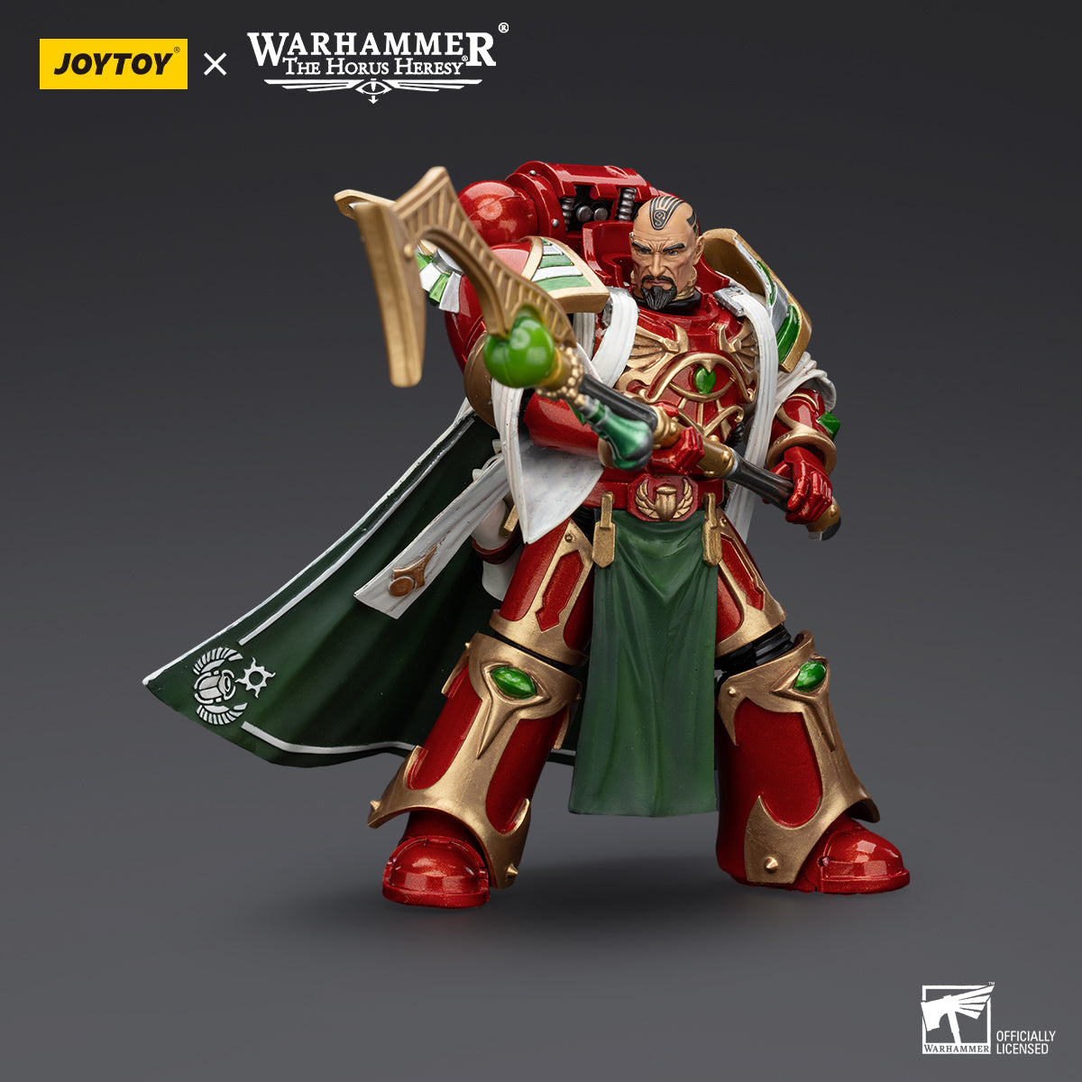 Magistus Amon in combat stance, wielding his staff with psychic energy crackling from it, ready to unleash devastating Warp magic upon his enemies, his Thousand Sons armor shining.