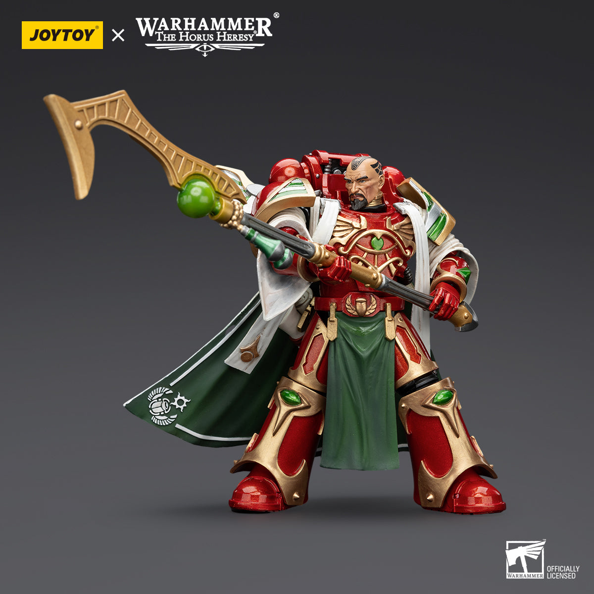 Magistus Amon in combat stance, wielding his staff with psychic energy crackling from it, ready to unleash devastating Warp magic upon his enemies, his Thousand Sons armor shining.
