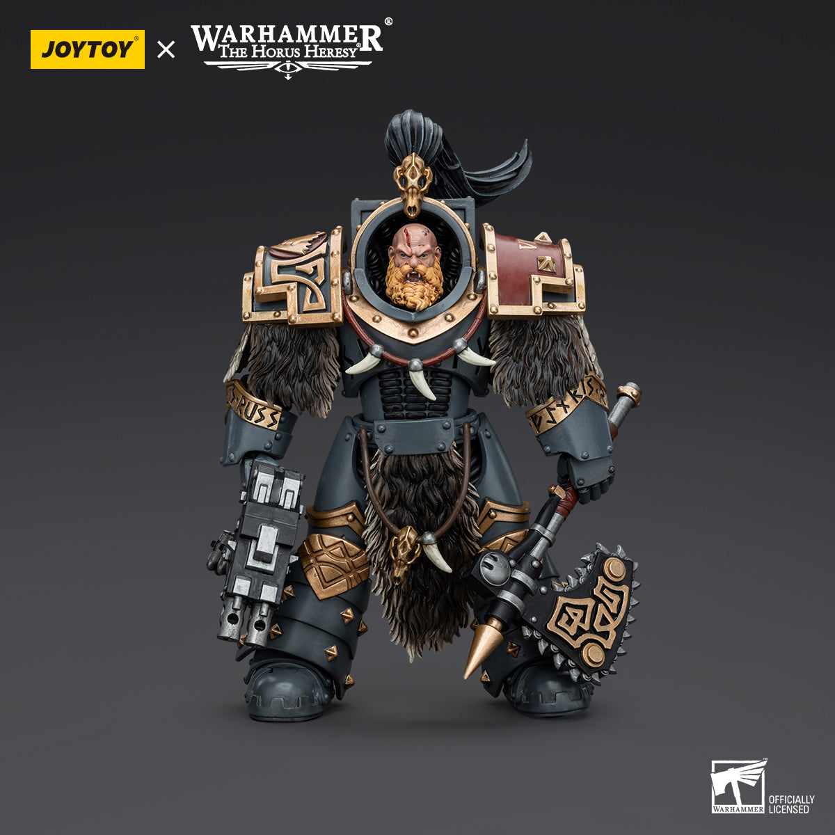 Space Wolves Varagyr Wolf Guard Terminator in full armor, front view. Clad in iconic Terminator armor with wolf motifs and ready for battle.