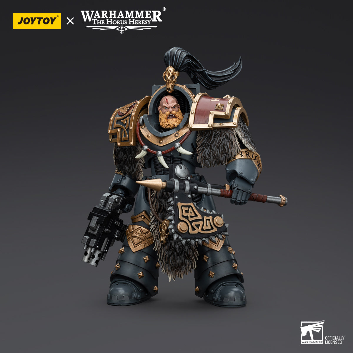Space Wolves Varagyr Wolf Guard Terminator in full armor, front view. Clad in iconic Terminator armor with wolf motifs and ready for battle.