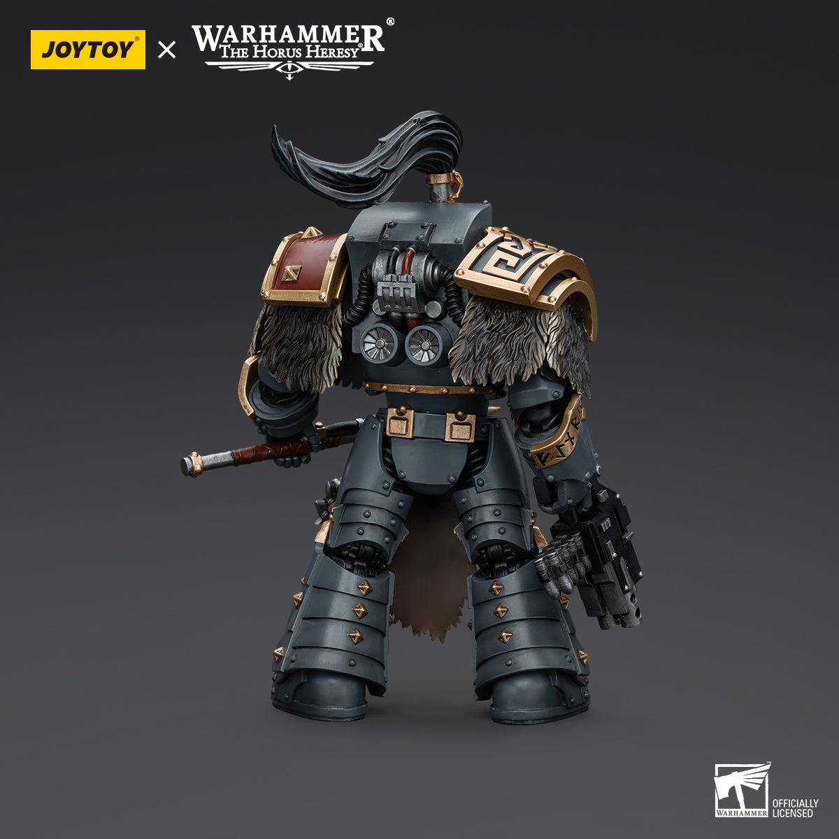 Back view of Space Wolves Varagyr Wolf Guard Terminator, highlighting the rear of his Terminator armor, power pack, and wolf pelt details.