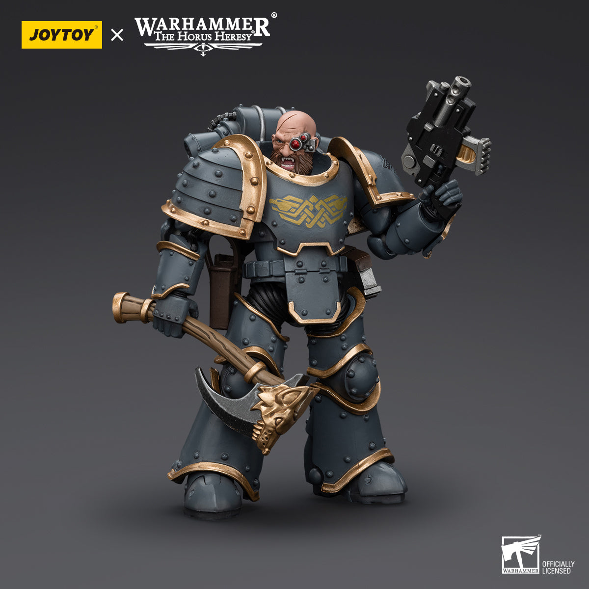 Space Wolves Grey Slayer in full armor, front view. Warrior with wolf-themed armor and weapons, ready for battle.