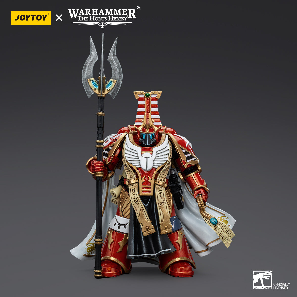 Thousand Sons Librarian Consul, front view. The Librarian Consul is depicted in full ceremonial armor, holding a staff and casting a powerful psychic aura.