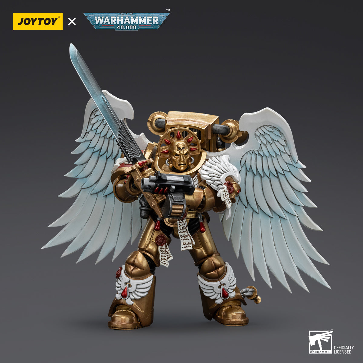 Blood Angels Sanguinary Guard with Encarmine Sword in combat pose, holding the sword in an action-ready stance