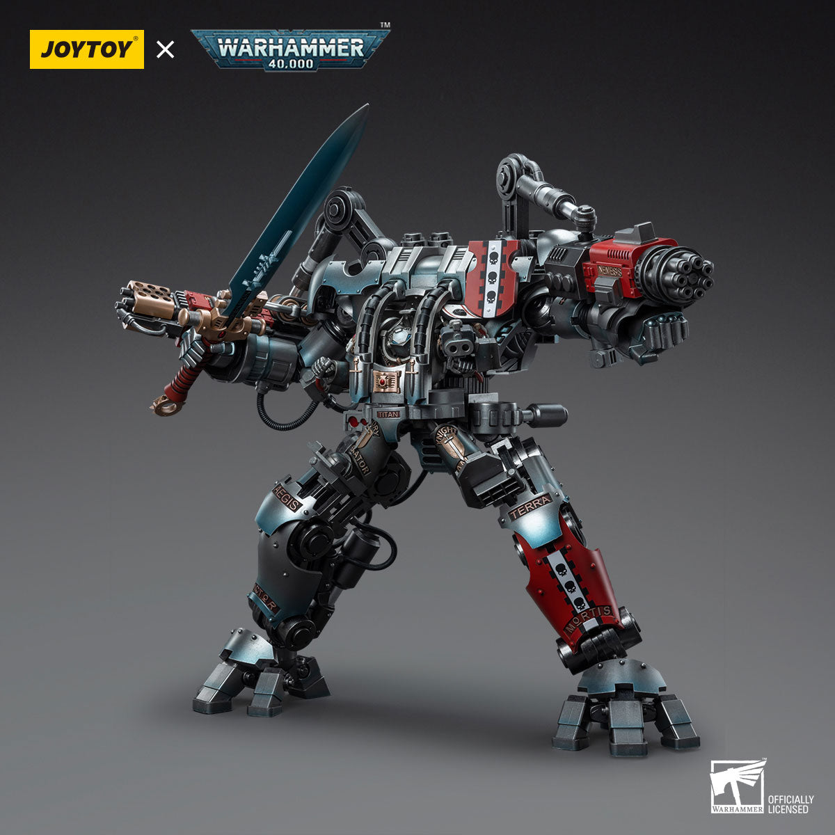 Pilot controls Grey Knights Nemesis Dreadknight in an impressive battle pose, showcasing dynamic action and intricate details of the armored giant's weaponry and design