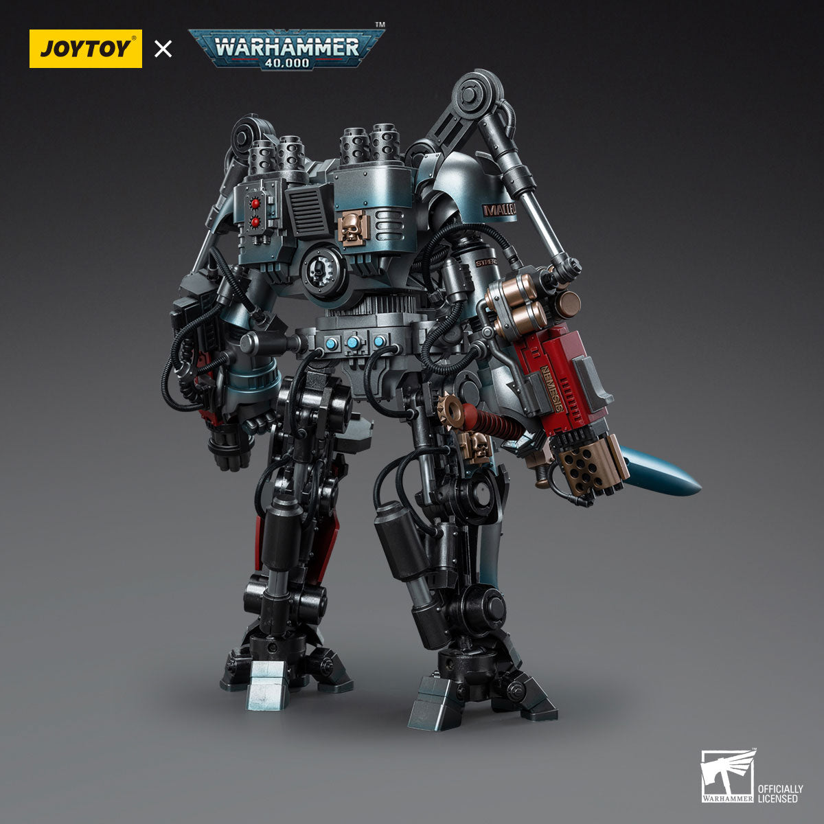 Back view of JoyToy Warhammer 40K Grey Knights Nemesis Dreadknight action figure, highlighting detailed armor and weapon attachments