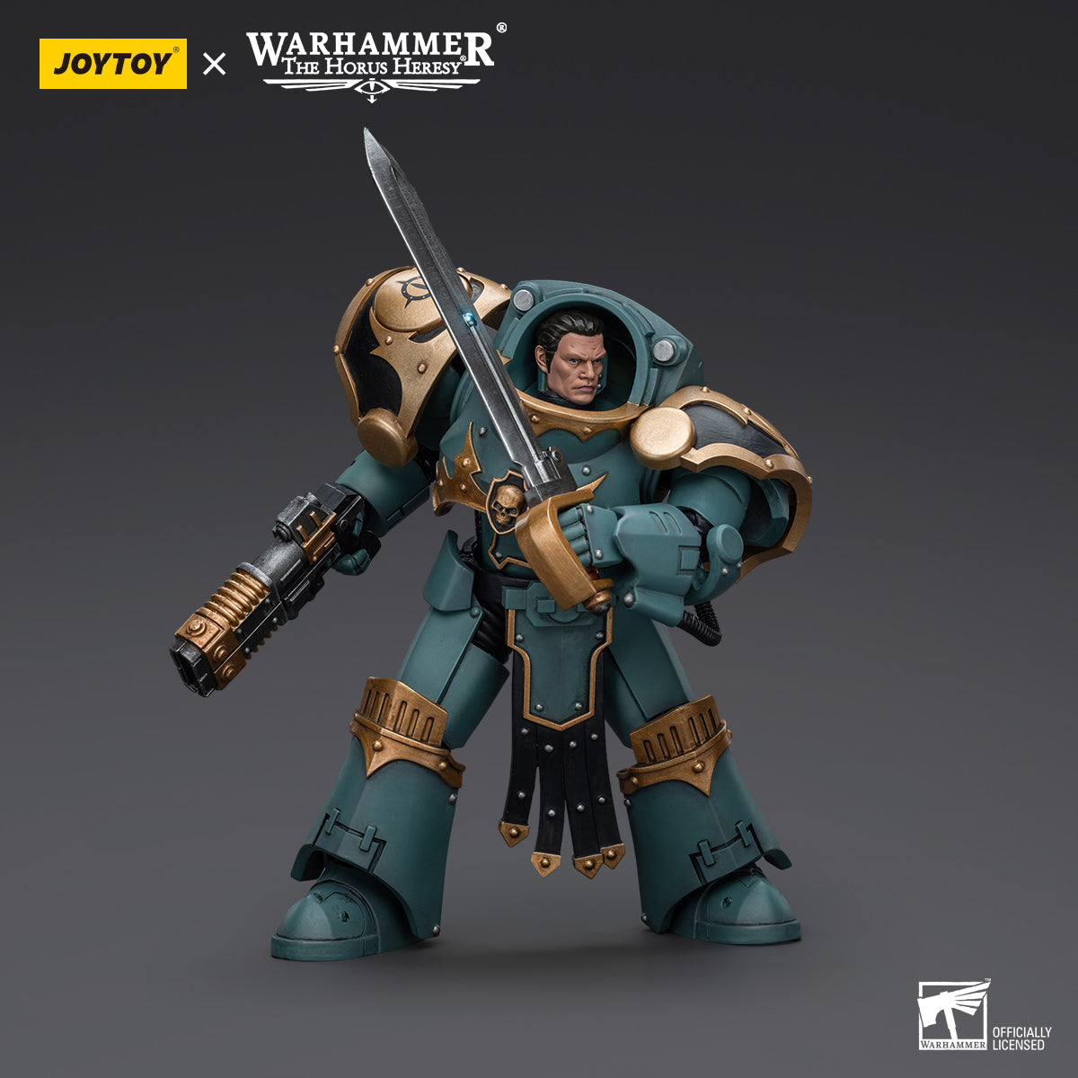 Sons of Horus Tartaros Terminator Sergeant with Volkite Charger and Power Sword in combat stance, ready for action with Volkite Charger aimed forward and Power Sword raised for close-quarters combat.