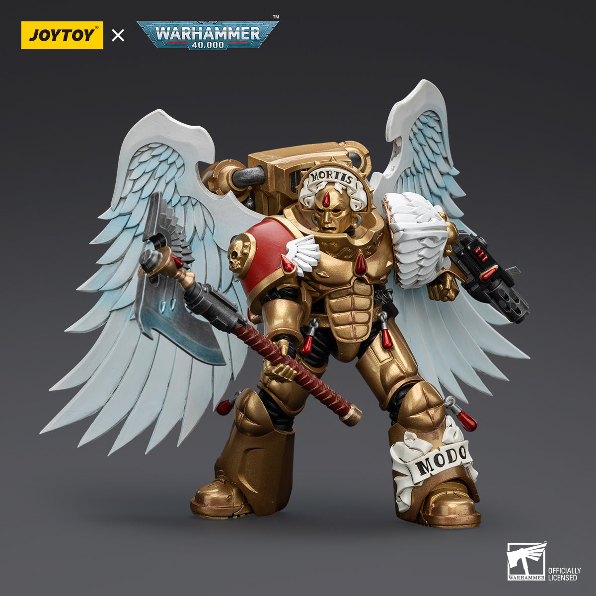 Blood Angels Sanguinary Guard with Encarmine Axe and Inferno Pistol in combat pose, wielding the axe in one hand and the Inferno Pistol in the other, prepared for close-quarters combat and ranged attacks.
