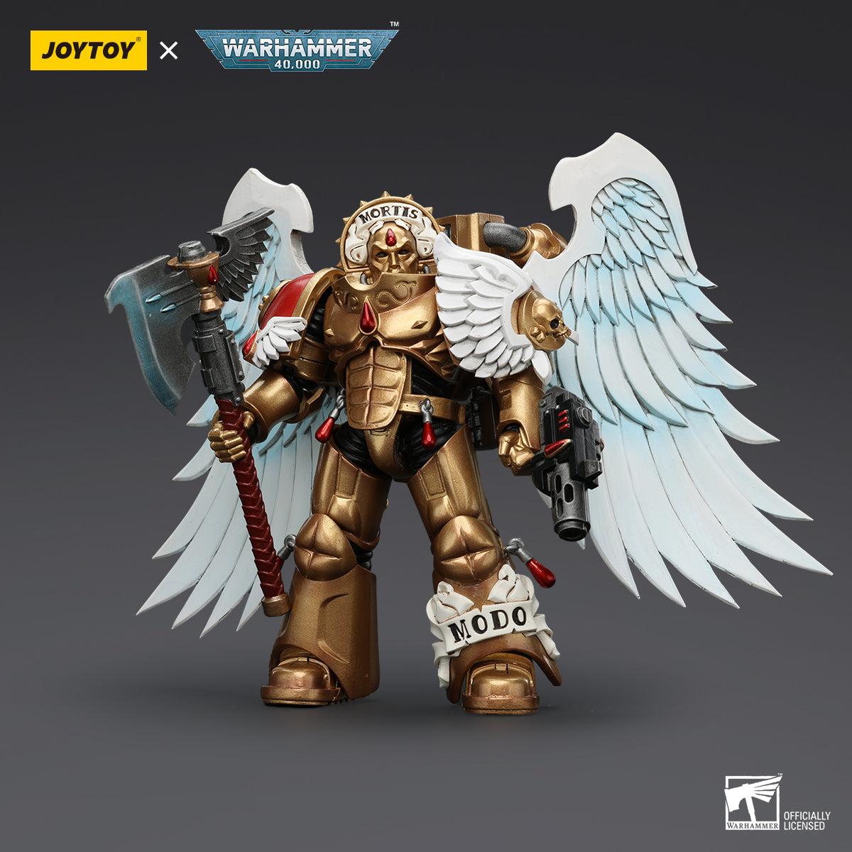 Side view of Blood Angels Sanguinary Guard with Encarmine Axe and Inferno Pistol, showcasing the figure’s detailed profile, with the heavy, finely crafted axe and pistol ready for battle.