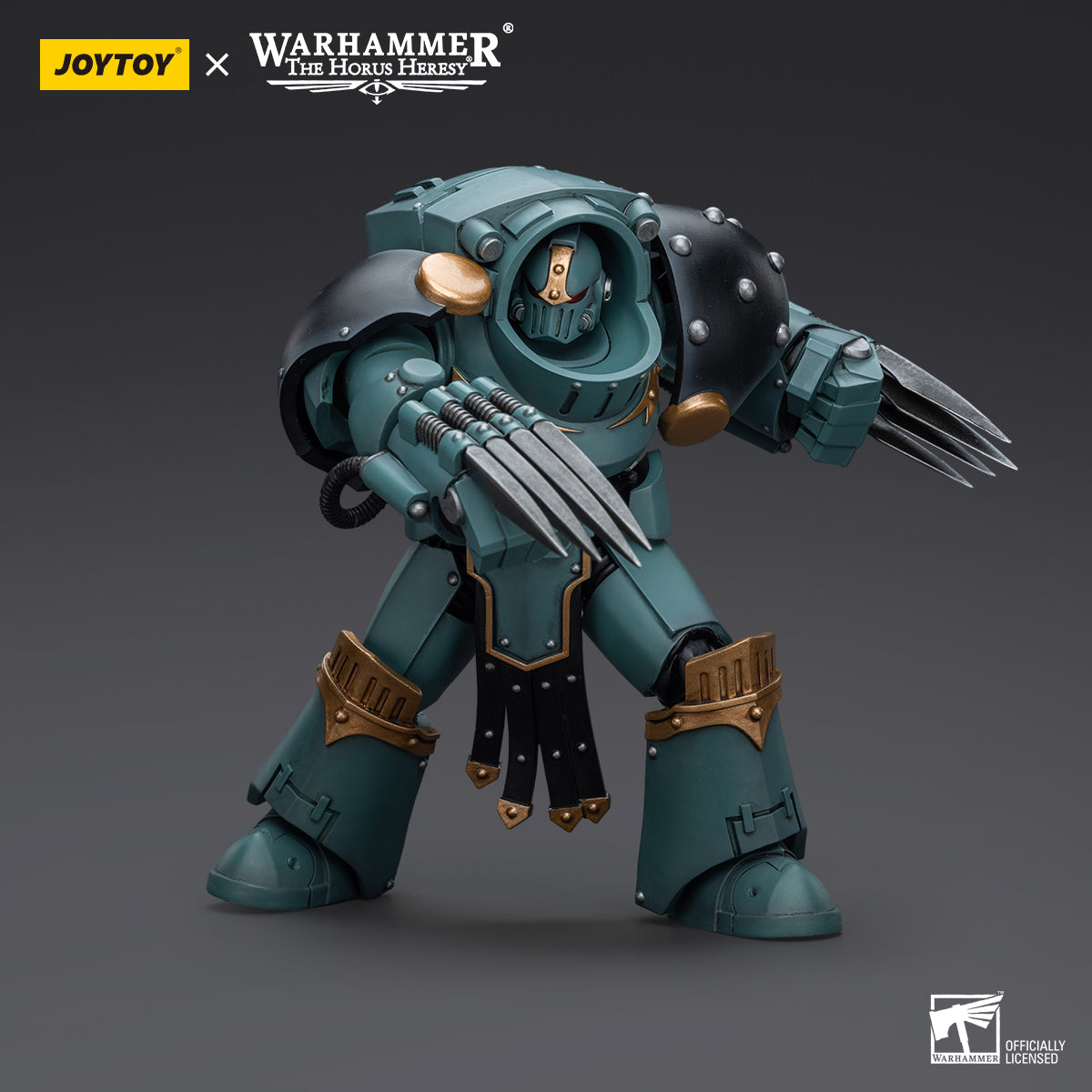 Sons of Horus Tartaros Terminator with Lightning Claws in combat stance, striking with his claws raised and armor gleaming, ready to engage in vicious melee combat.