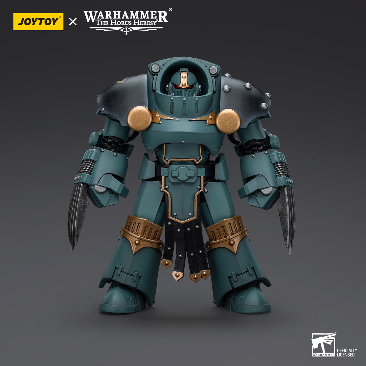 Sons of Horus Tartaros Terminator with Lightning Claws, front view. The Terminator stands in full armor, gripping his lightning claws, prepared for brutal close combat.