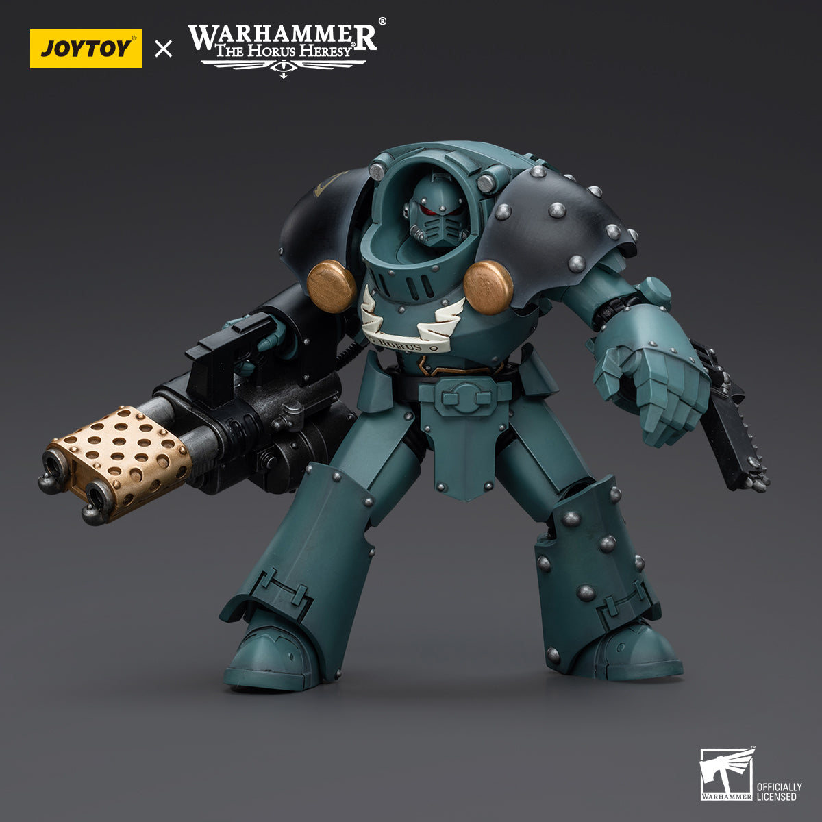 Sons of Horus MKIV Tactical Squad Sergeant Terminator with Heavy Flamer and Chainfist in combat stance, ready for battle with heavy flamer aimed forward and chainfist raised for close combat