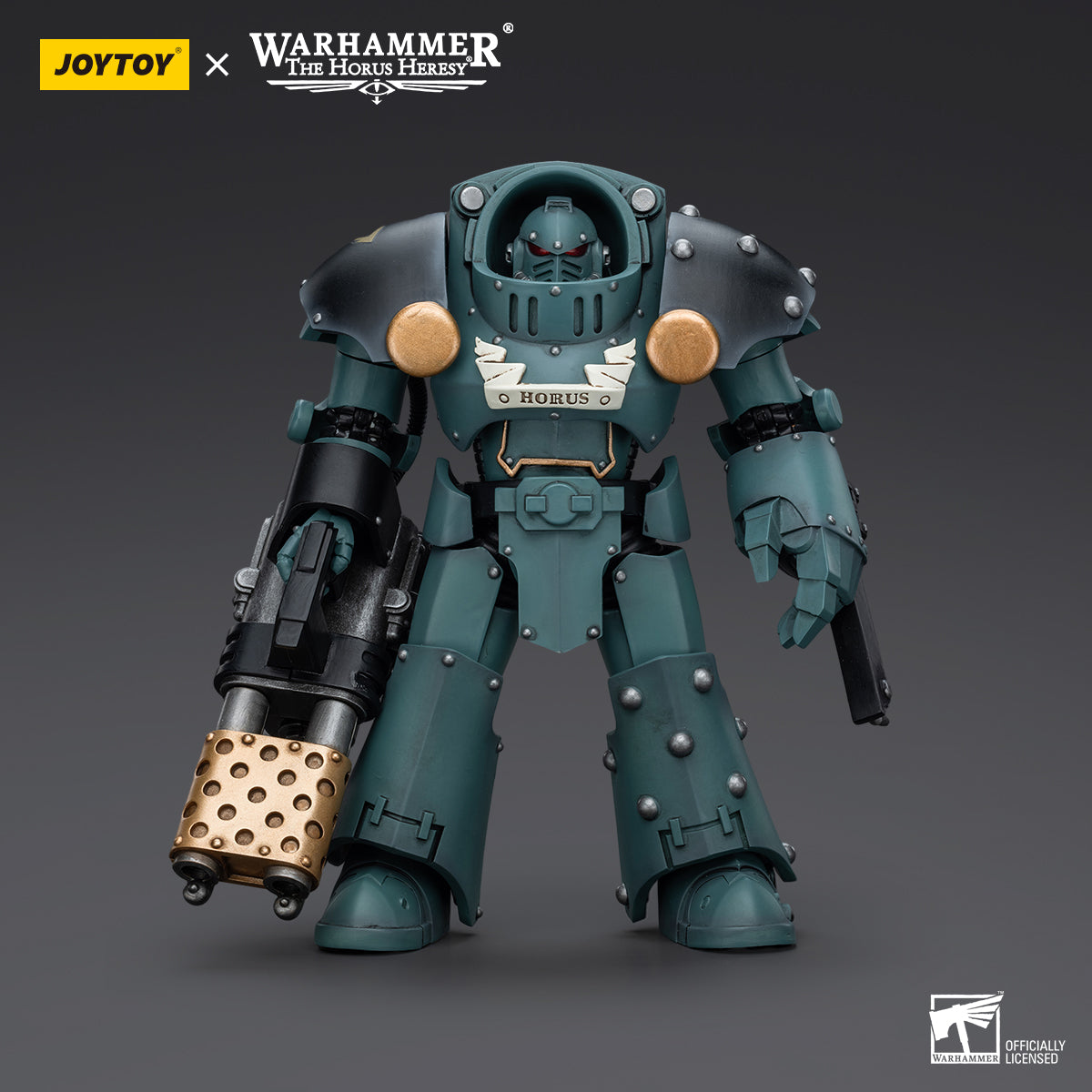 Sons of Horus MKIV Tactical Squad Sergeant Terminator with Heavy Flamer and Chainfist, front view. The Sergeant stands ready, gripping a heavy flamer in one hand and a chainfist in the other, his armor adorned with Sons of Horus insignia.