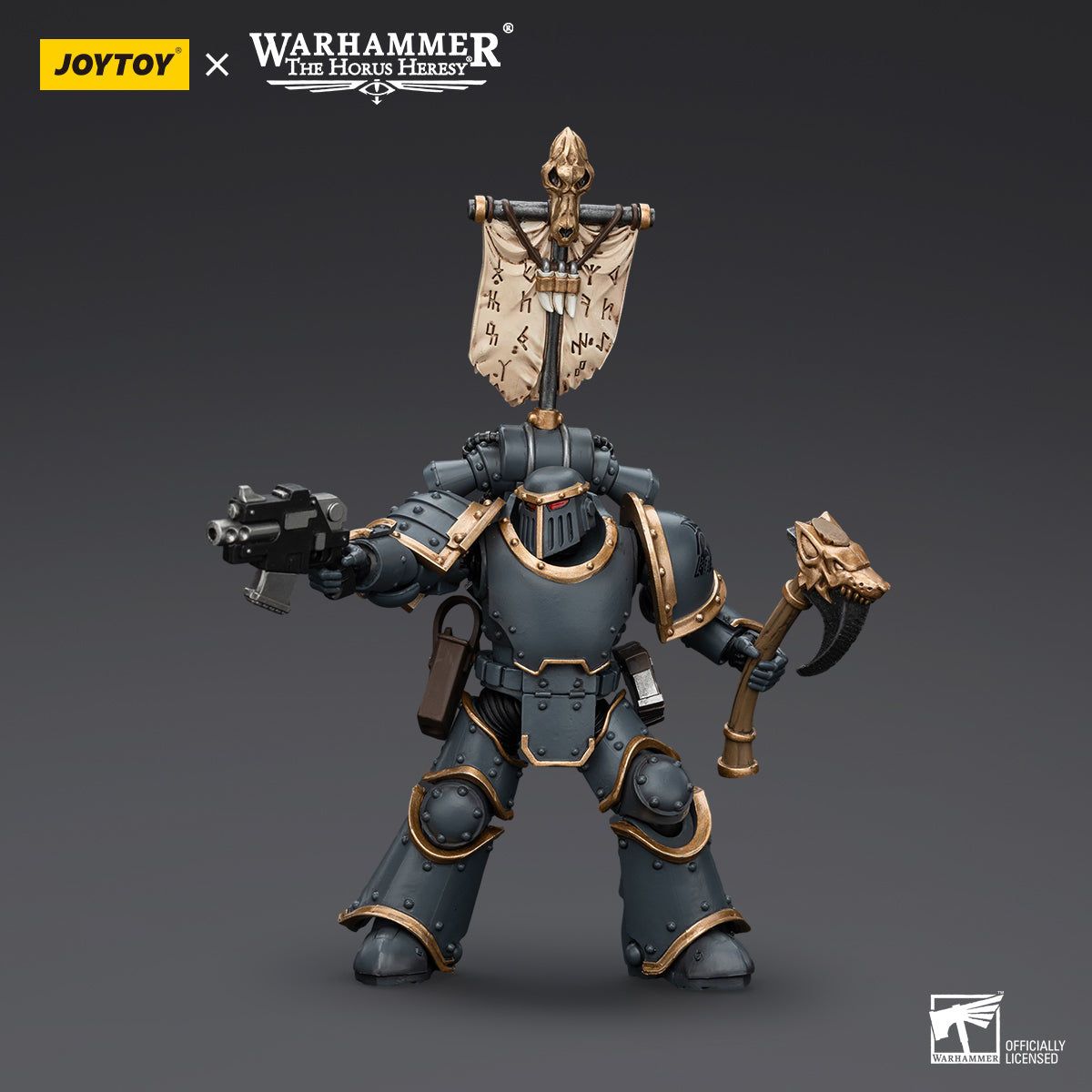 Space Wolves Grey Slayer holding the Legion Vexilla in combat stance, proudly displaying the banner while ready for battle.