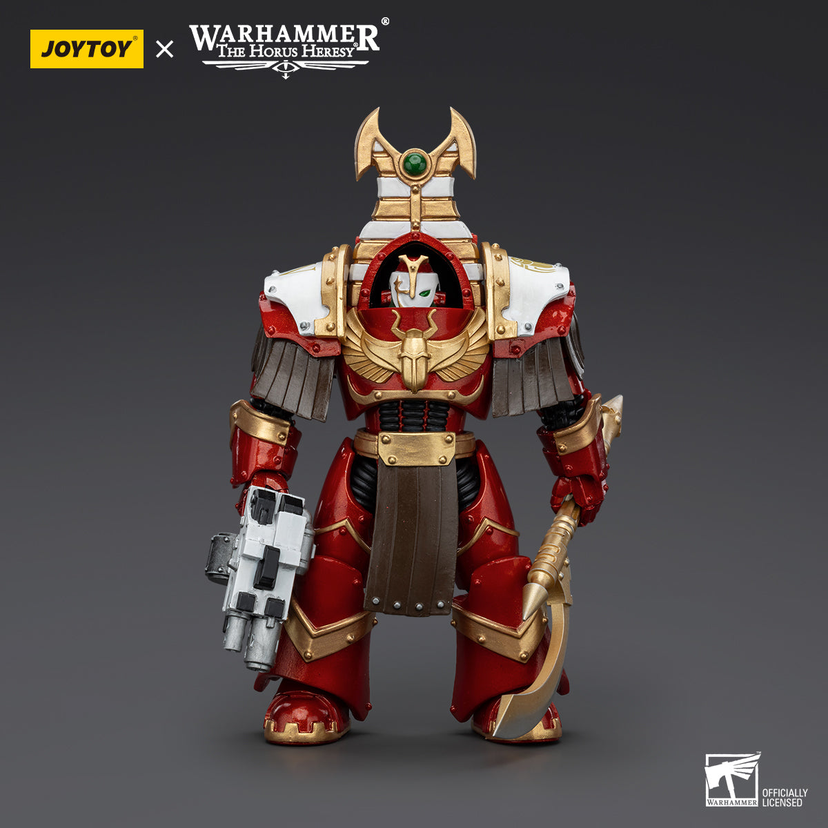 Thousand Sons Sekhmet Terminator Cabal Sekhmet with Combi-Melta and Achea Force Weapon, front view. The figure stands imposing, wielding a combi-melta in one hand and the mystical Achea Force Weapon in the other.