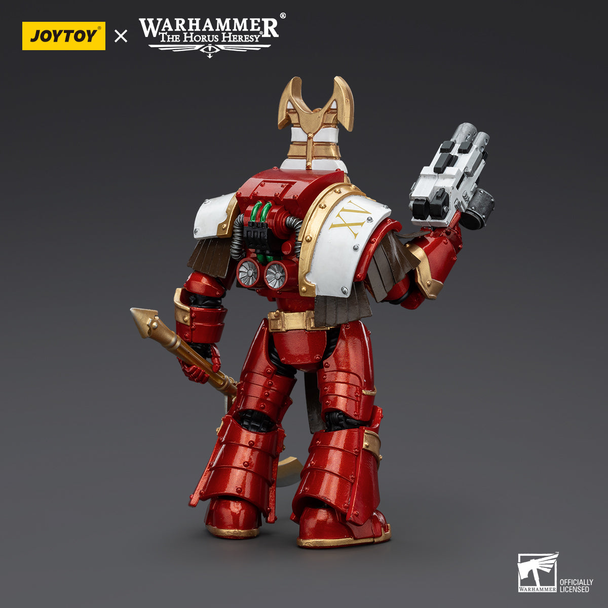Back view of Thousand Sons Sekhmet Terminator Cabal Sekhmet with Combi-Melta and Achea Force Weapon. The figure’s power pack is visible, with the combi-melta and Achea Force Weapon positioned to enhance the character’s battle-ready stance.