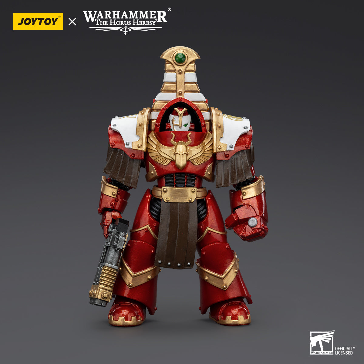 Thousand Sons Sekhmet Terminator Cabal Sekhmet with Volkite Charger and Power Fist, front view. The figure stands with a commanding presence, holding the Volkite Charger in one hand and the Power Fist in the other.