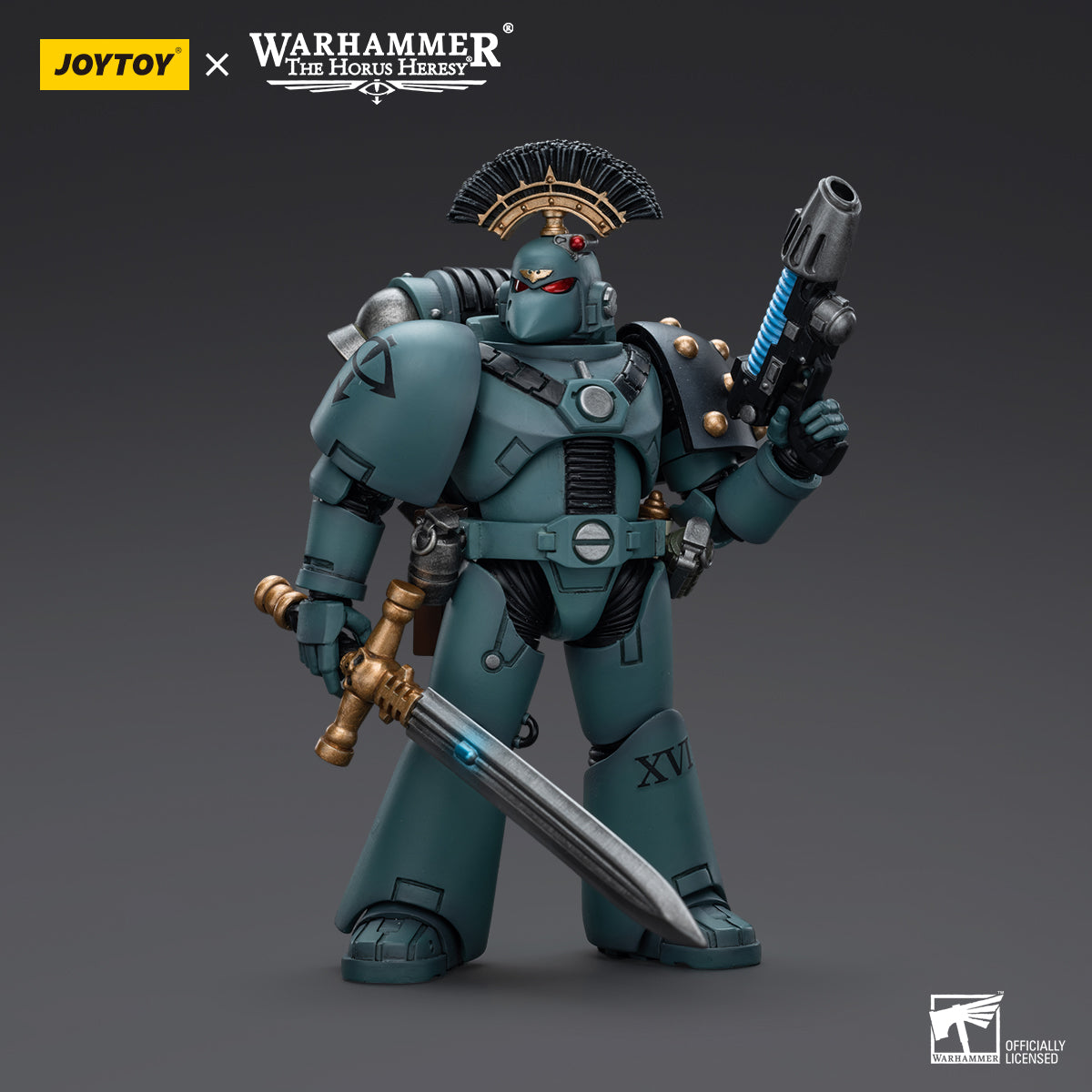 Side view of Sons of Horus MKVI Tactical Squad Sergeant with Power Sword, highlighting the Sergeant’s profile with Power Sword held in a combat-ready position and the intricate detailing of the MKVI armor.
