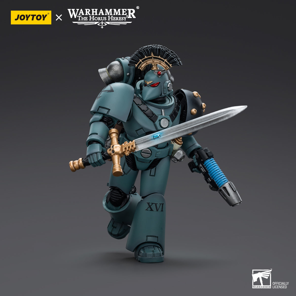 Sons of Horus MKVI Tactical Squad Sergeant with Power Sword in marching pose, moving forward with Power Sword at the ready, armor gleaming and prepared for action.