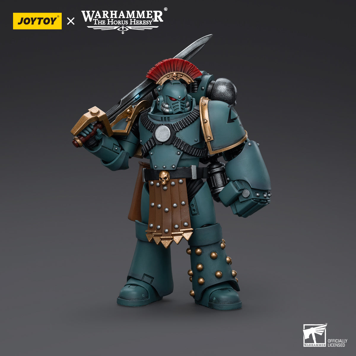 Side view of Sons of Horus MKIV Tactical Squad Sergeant with Power Fist, showcasing the Sergeant’s profile with Power Fist raised and armor details, ready for battle.