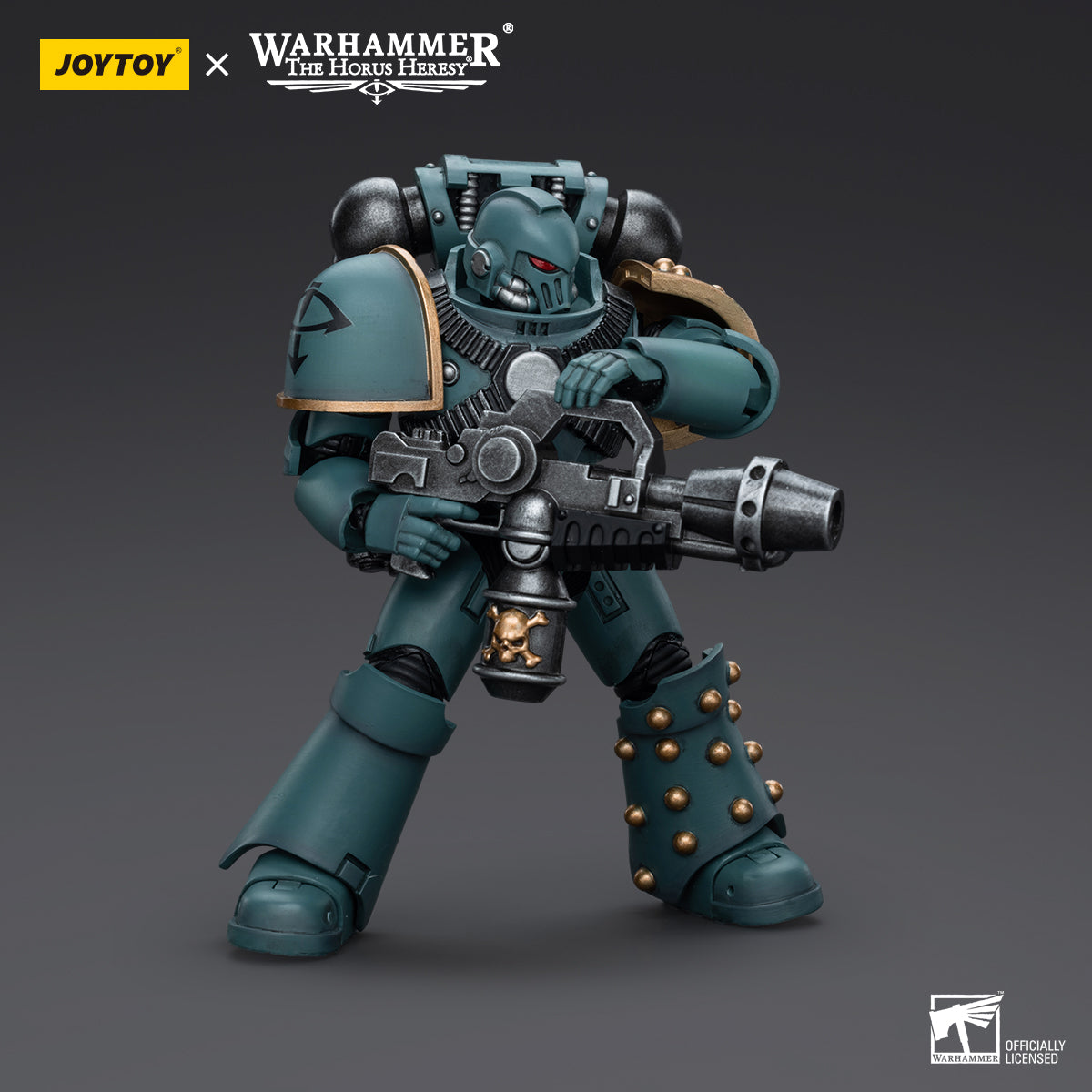 Sons of Horus MKIV Tactical Squad Legionary with Flamer in combat stance, aiming the Flamer forward in an aggressive position, ready to unleash a torrent of fire on the enemy.