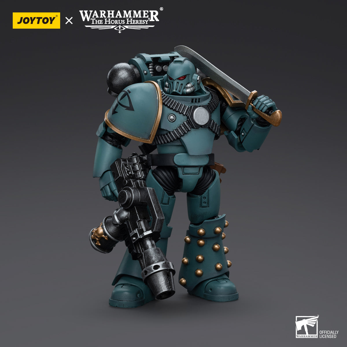 Side view of Sons of Horus MKIV Tactical Squad Legionary with Flamer, showcasing the Legionary’s profile and the Flamer held firmly, with armor details and the weapon's readiness for combat.