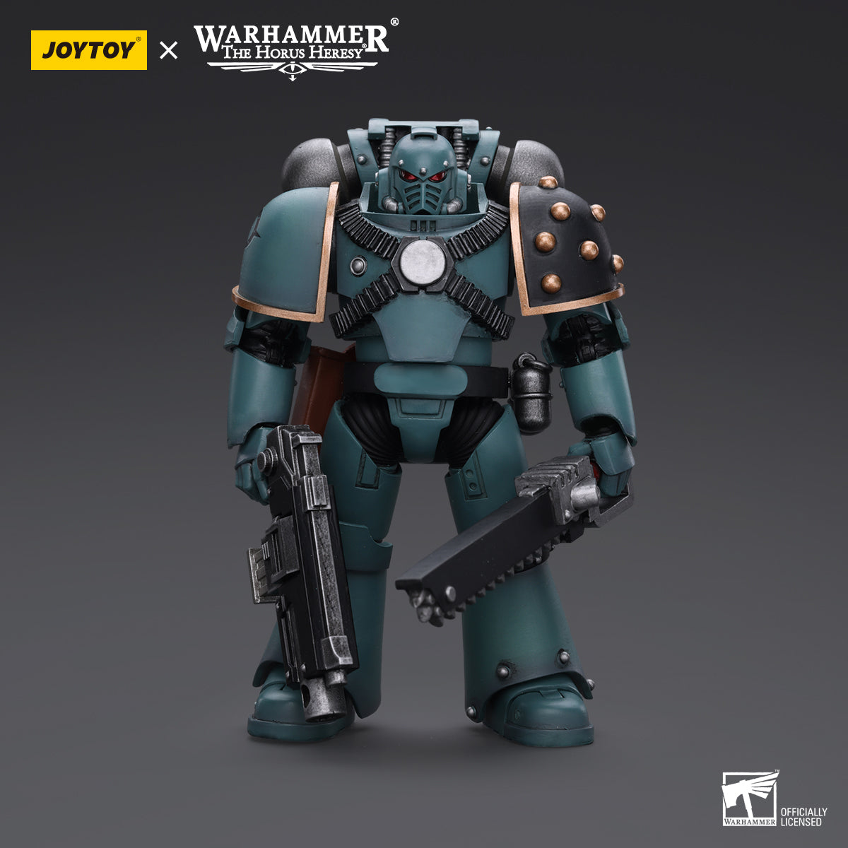 Sons of Horus MKIV Tactical Squad Legionary with Bolter, front view. The Legionary stands in a steady position, gripping the Bolter with both hands, with the distinctive MKIV armor and Sons of Horus chapter markings clearly visible.