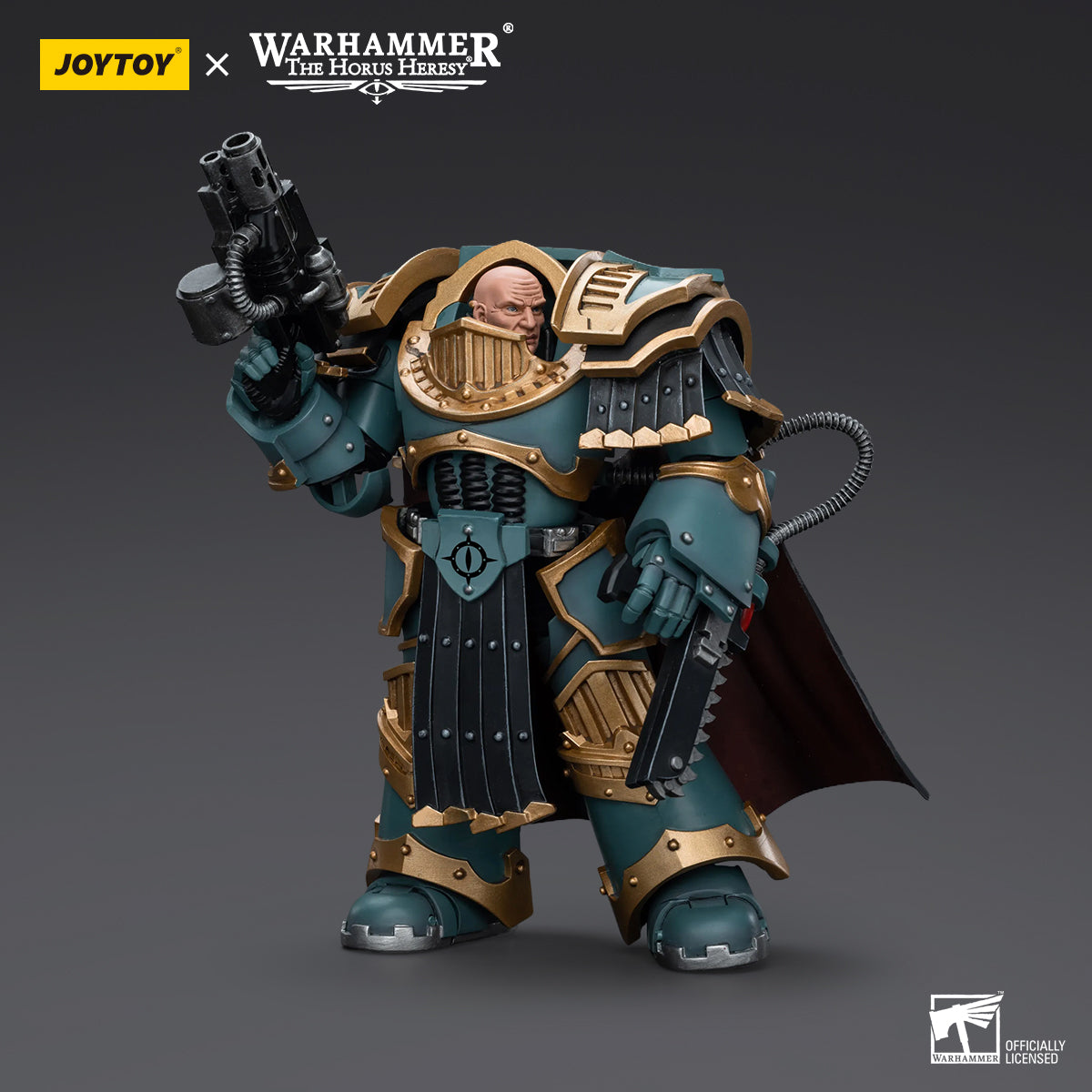 Side view of Sons of Horus Praetor in Cataphractii Terminator Armour, showcasing the full profile of the Praetor, with the intricate armor details, large power fist, and the weapon held in a combat-ready position.