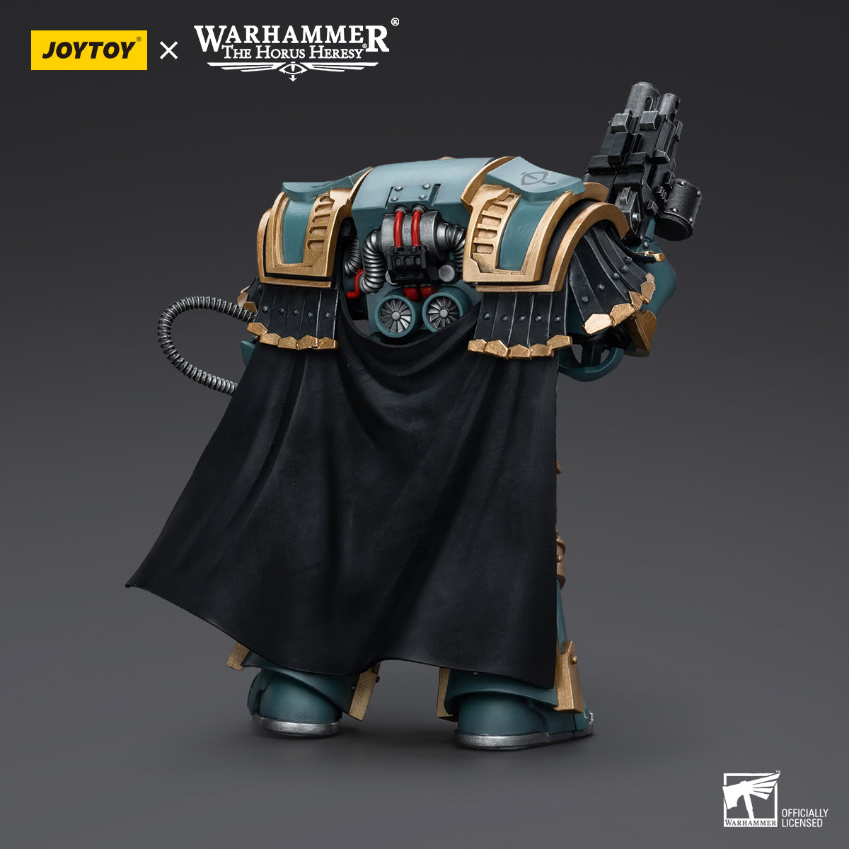 Back view of Sons of Horus Praetor in Cataphractii Terminator Armour, highlighting the rear of the imposing Terminator armor, the power pack, and the back of the weapon held by the Praetor.