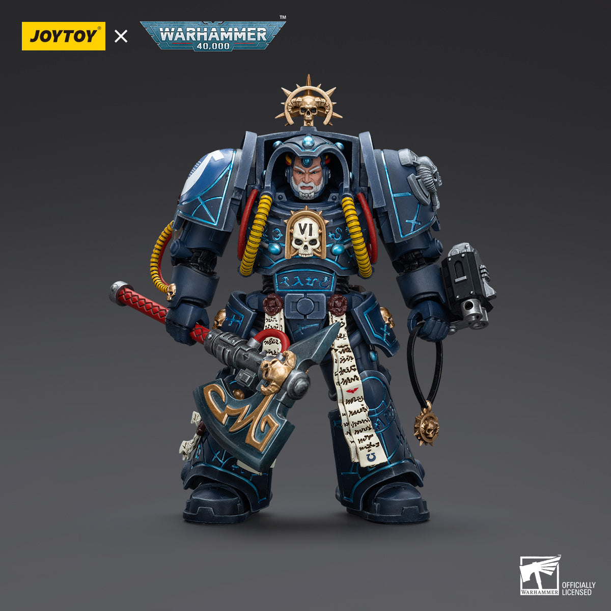 Ultramarines Librarian in Terminator Armour, front view. Power armor with psychic hood, Librarian symbols, and detailed Ultramarines Chapter insignia.